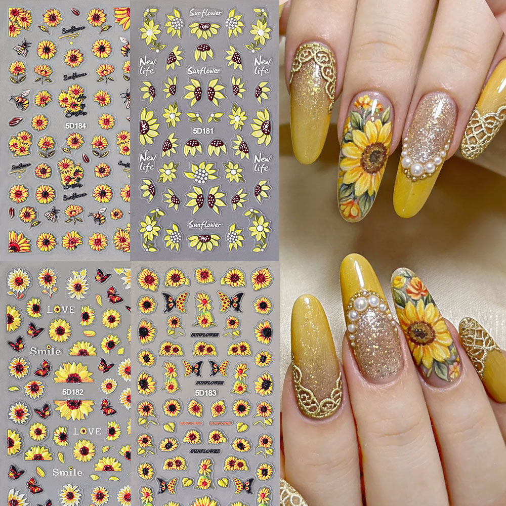 Nail Art Yellow - 1/4pcs 5D Embossed Summer Sunflower Nail