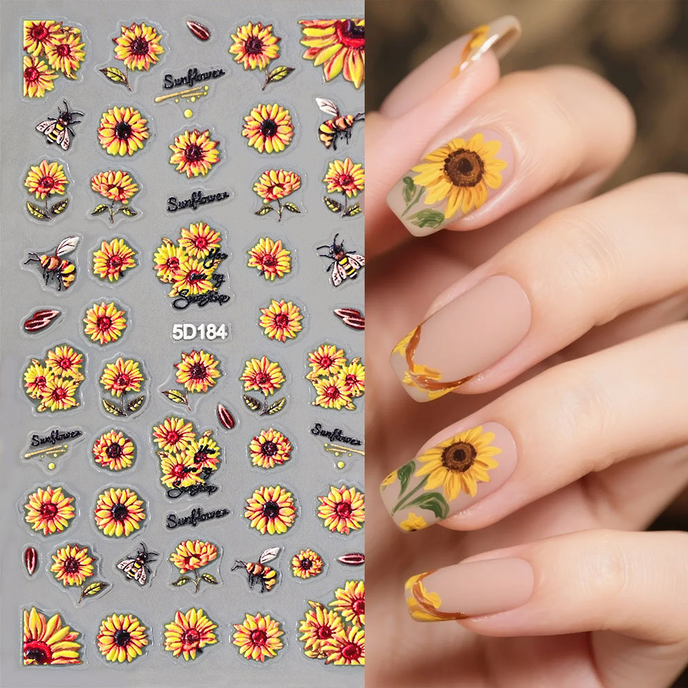 1/4pcs 5D Embossed Summer Sunf - Nail Art Yellow 评论和价格