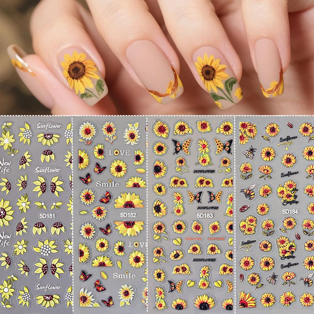 1/4pcs 5D Embossed Summer Sunf - Nail Art Yellow 评论和价格