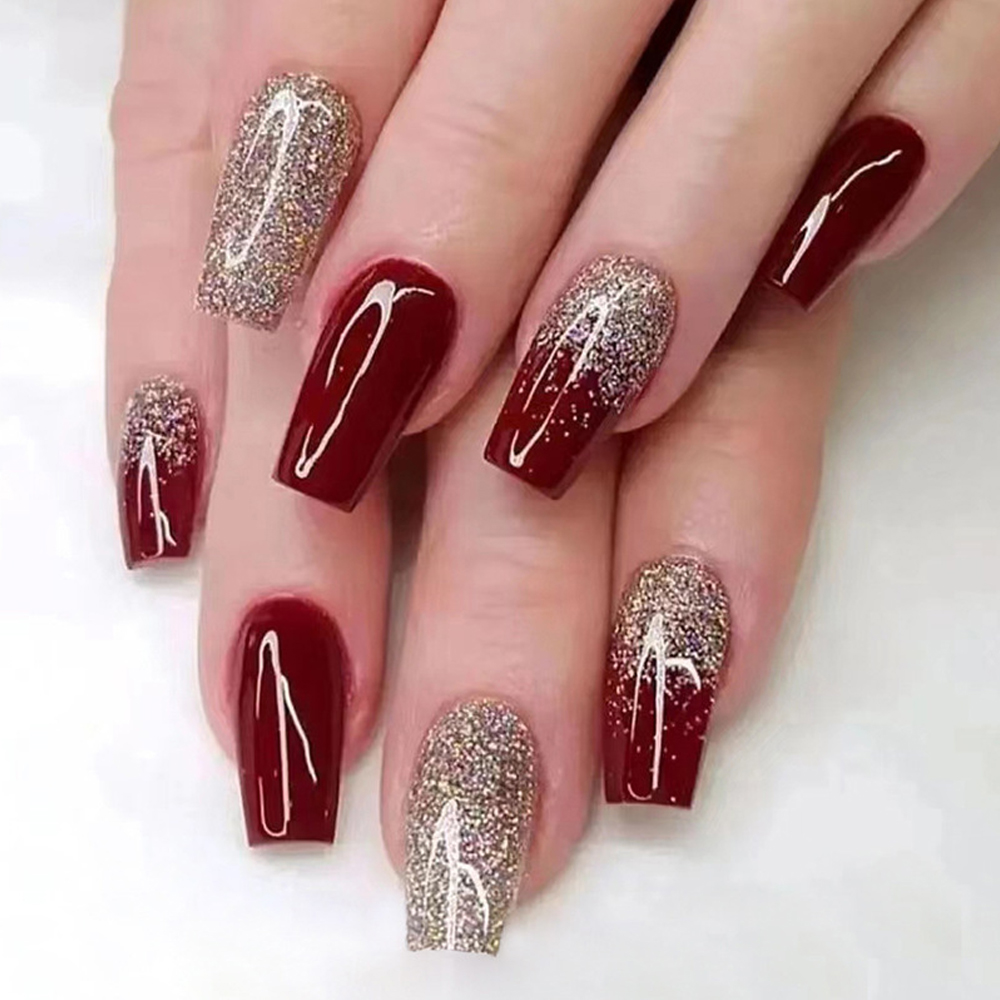 24Pcs Wine Red Flash Fake Nail - Nail Art French 评论和价格