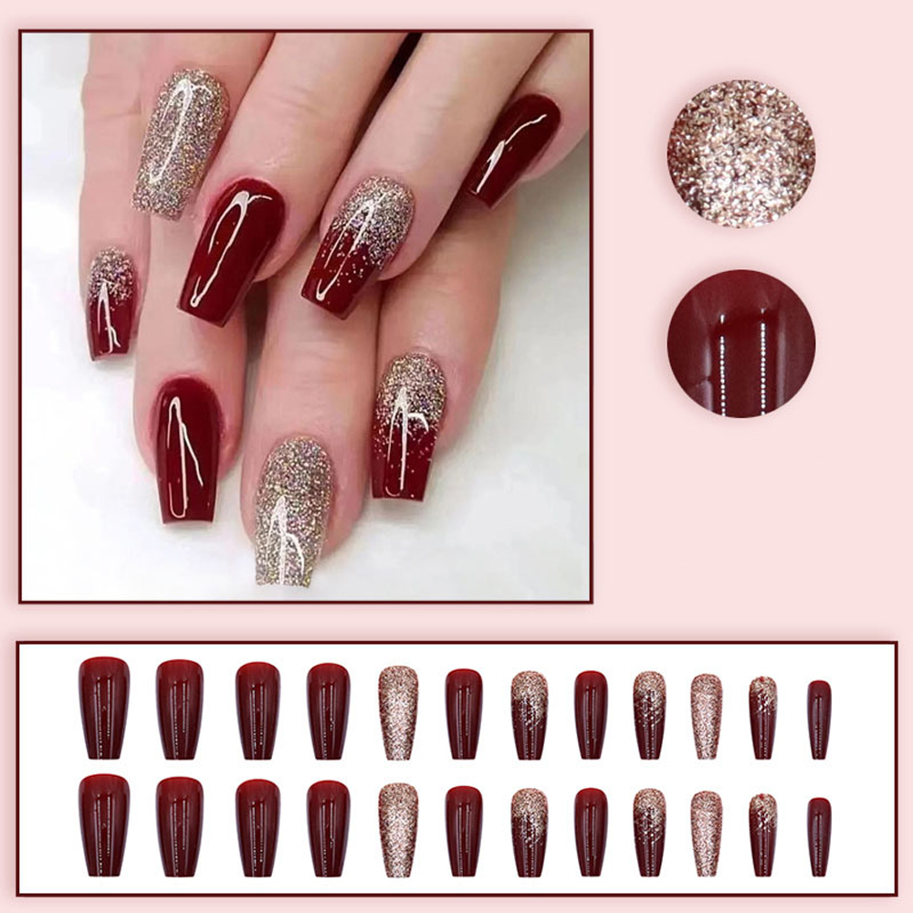 24Pcs Wine Red Flash Fake Nail - Nail Art French 评论和价格